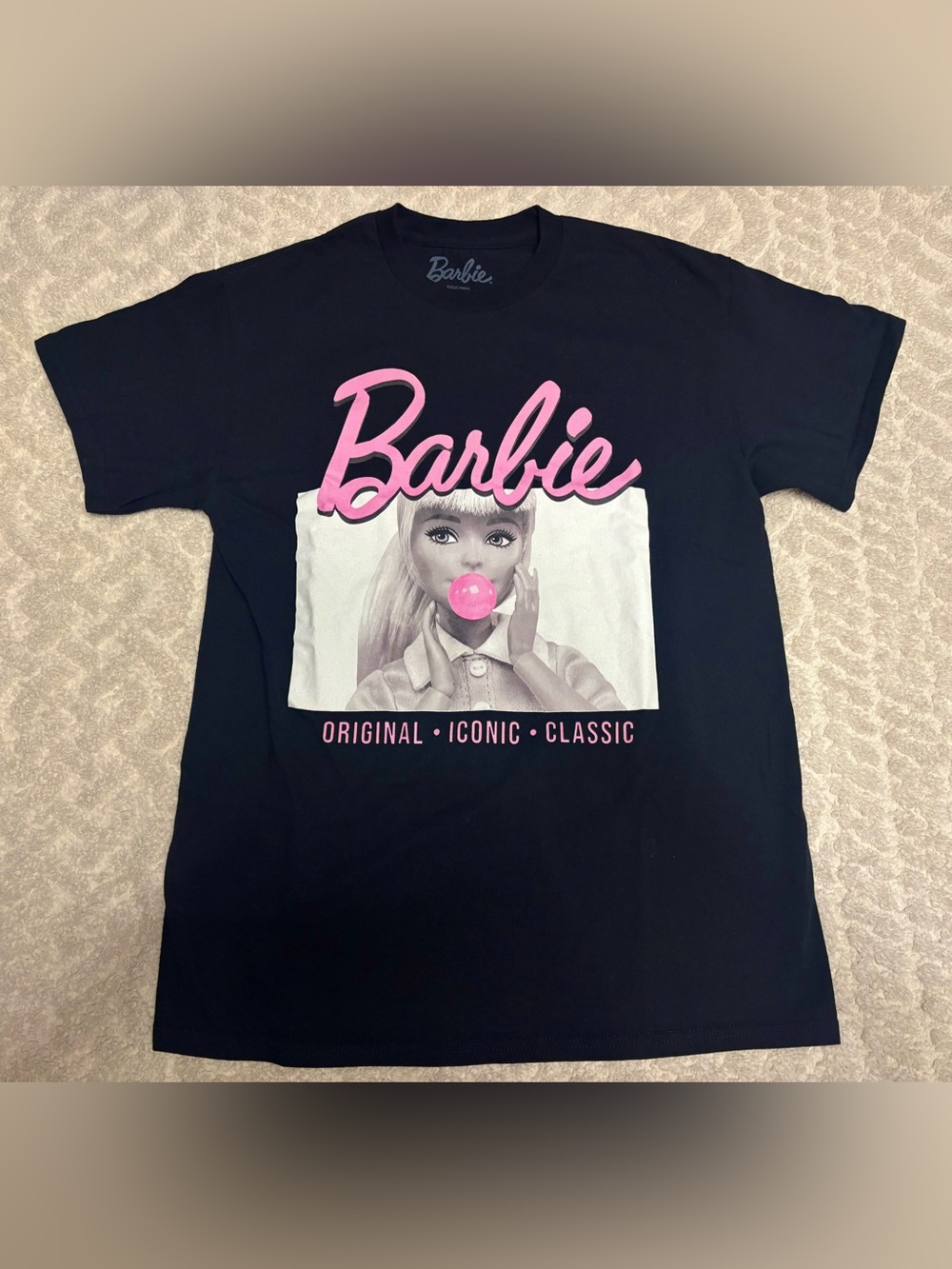 Barbie Black Tee with Pink Logo and Bubblegum Graphic